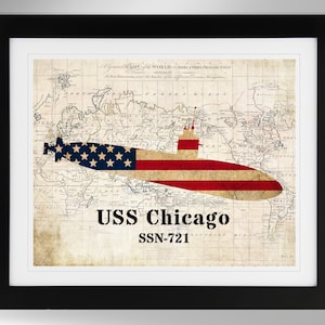 Kaart USS Chicago Nuclear Attack onderzeeër en vlag silhouet print muurkunst (4 opties), SSN-721, Los Angeles Class (#589), niet ingelijst