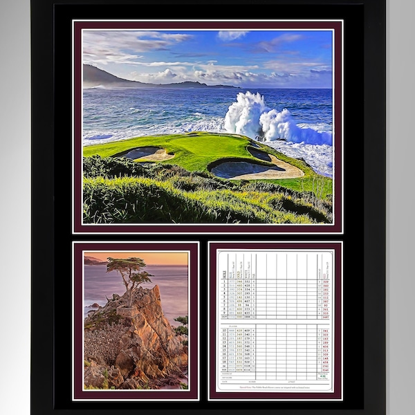 Pebble Beach Golf Links Wall Art - 7th Hole Impressionism-Effect FAUX Mat Print (2 Options), Pebble Beach Scorecard, (#574), Not Framed