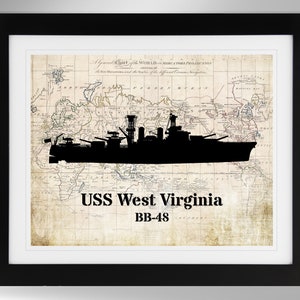 Pôster com silhueta de mapa e bandeira do encouraçado USS West Virginia, arte de parede (6 opções), BB-48, classe Colorado (nº 854), sem moldura