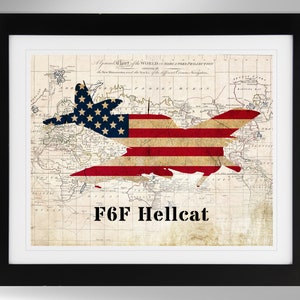Grumman F6F Hellcat Wall Art Map/Flag Print (2 Options), US Navy, USMC, WWII Fighter, Zero Killer, Ace Maker (#431), Not Framed