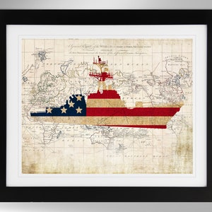 USS McCampbell Guided Missile Destroyer Map-Flag Silhouette Print Wall Art (4 Options), DDG-85, Arleigh Burke Class, (#763), Not Framed