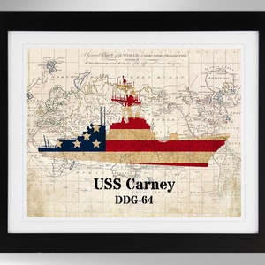 USS Carney Guided Missile Destroyer Map-Flag Silhouette Print Wall Art (4 Options), US Navy, DDG-64, Arleigh Burke Class, (#741), Not Framed