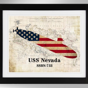 USS Nevada Ballistic Missile Submarine Map and Flagge Silhouetten Print, Wandkunst (4 Optionen), US Navy, SSBN-733, Ohio Klasse (#506), Ungerahmt