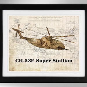 Sikorsky CH-53E Super Stallion Helicopter Silhouette on Vintage Map Wall Art Print (4 Options), US Marines, USMC (#316), Not Framed