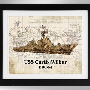 USS Curtis Wilbur Guided Missile Destroyer Map-Flag Silhouette Print Wall Art (4 Options), DDG-54, Arleigh Burke Class, (#730), Not Framed