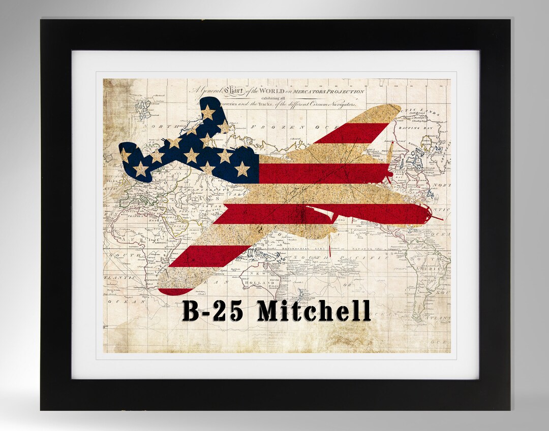North American B 25 Mitchell Wall Art Map flag Print 2 Options