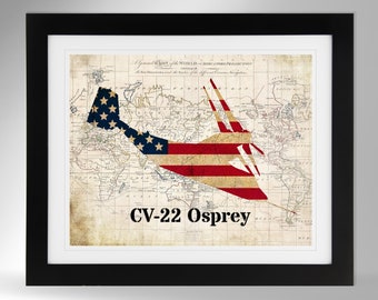 Bell Boeing V-22 Osprey Map/Flag Print Wall Art - 4 Options, MV-22, CV-22, USAF, Marines, Navy (#455), Not Framed