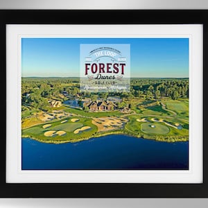 May include: Aerial view of a golf course with a lake in the foreground. The course is green and has sand traps. The lake is blue and has a grassy shoreline. The logo for The Loop Forest Dunes Golf Club is in the upper left corner of the image.