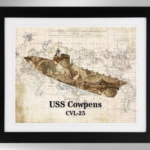 USS Cowpens Light Aircraft Carrier Map and Flag Silhouette Print Poster