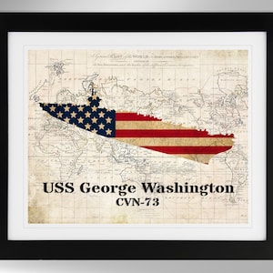 USS George Washington Aircraft Carrier Map/Flag Print Wall Art (2 Options), US Navy, CVN-73, Nimitz Class (#464), Not Framed
