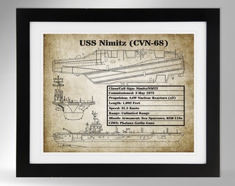 Lámina de arte mural del portaaviones USS Nimitz con estadísticas del barco sobre fondo de papel vintage, Marina de los EE. UU., CVN-68, Old Salt (n.° 432), sin marco