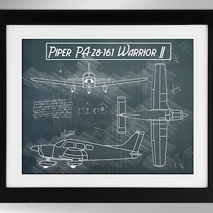 May include: A blueprint style illustration of a Piper PA-28-161 Warrior II aircraft on a dark blue background. The illustration shows the plane from different angles, including a side view, a top view, and a front view.