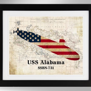Impresión de arte mural con silueta de mapa y bandera del submarino de misiles balísticos USS Alabama (4 opciones), Marina de los EE. UU., SSBN-731, clase Ohio (n.° 504), sin marco