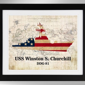 USS Winston S. Churchill Guided Missile Destroyer Silhouette Print Wall Art (4 Options), DDG-81, Arleigh Burke Class, (#758), Not Framed