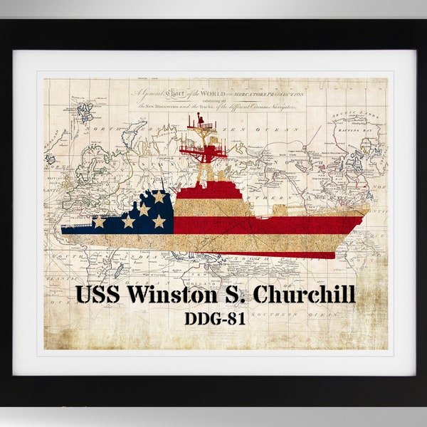 USS Winston S. Churchill Guided Missile Destroyer Silhouette Print Wall Art (4 Options), DDG-81, Arleigh Burke Class, (#758), Not Framed