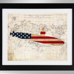 Kaart USS Key West kernaanval onderzeeër en vlag silhouet print muurkunst (4 opties), SSN-722, Los Angeles Class (#590), niet ingelijst