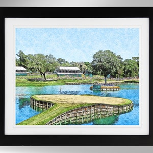 May include: A watercolor painting of a golf course with a green, grassy area surrounded by a body of water. The water is a light blue color and there are trees in the background.