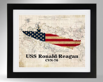 USS Ronald Reagan Aircraft Carrier Map/Flag Print Wall Art (2 Options), US Navy, CVN-76, Nimitz Class (#470), Not Framed