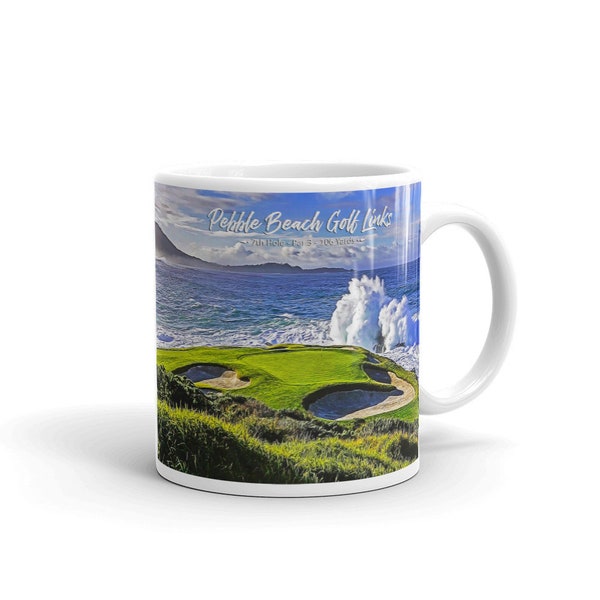 Coffee Mug - Pebble Beach 7th Hole Impressionism Painting-Effect - Labeled with Course Name and Hole Specs