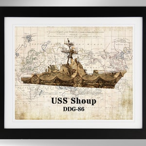 USS Shoup Guided Missile Destroyer Map-Flag Silhouette Print Wall Art (4 Options), DDG-86, Arleigh Burke Class, (#764), Not Framed