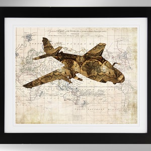 May include: A vintage world map with a silhouette of an airplane overlaid on top. The airplane is made of the map's details, creating a unique and artistic design.