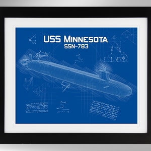 May include: A blueprint style illustration of the USS Minnesota, a nuclear-powered submarine, with the text "USS Minnesota SSN-783" on a blue background.