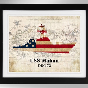 USS Mahan Guided Missile Destroyer Map-Flag Silhouette Print Wall Art (4 Options), DDG-72, Arleigh Burke Class, (#749), Not Framed
