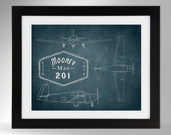Mooney M20 Airplane Labeled Print - Multiple Options (#548), Private Pilot Gift, M20J, Mooney 201, Not Framed, Not Framed