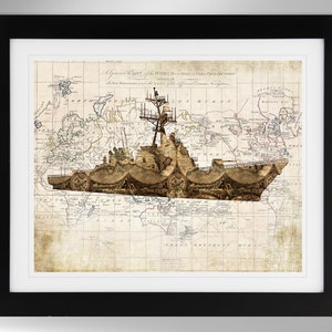 USS Milius Guided Missile Destroyer Map-Flag Silhouette Print Wall Art (4 Options), DDG-69, Arleigh Burke Class, (#746), Not Framed