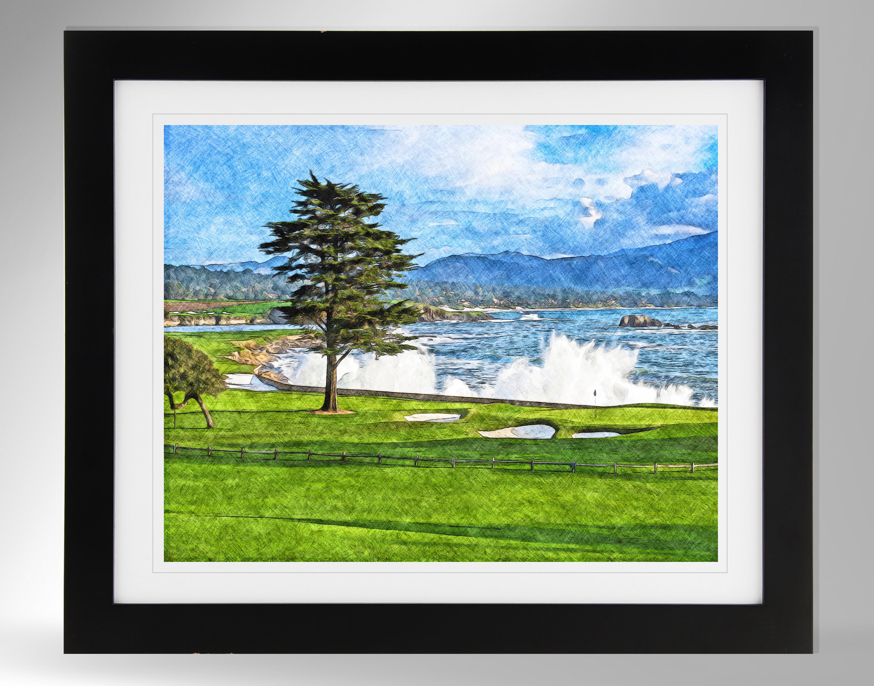 Pebble Beach Golf Links Wall Art - 18th Hole Pencil Sketch Effect