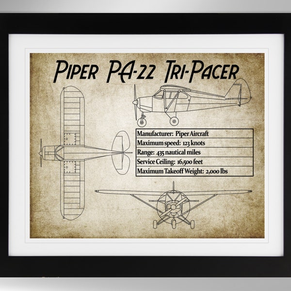 Piper PA-22 Tri-Pacer Airplane Specifications Print - Multiple Options (#532), Private Pilot Gift, PA22, Piper TriPacer, Not Framed