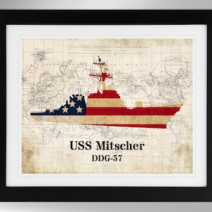 USS Mitscher Guided Missile Destroyer Map-Flag Silhouette Print Wall Art (4 Options), DDG-57, Arleigh Burke Class, (#733), Not Framed