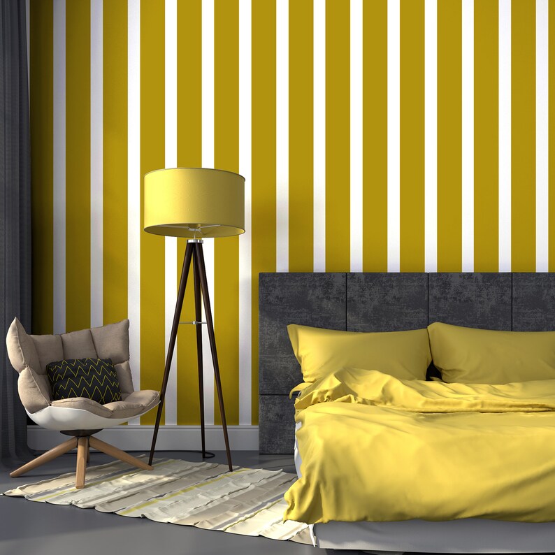 Green Striped Wallpaper Yellow Linear Geometric Self Adhesive Etsy