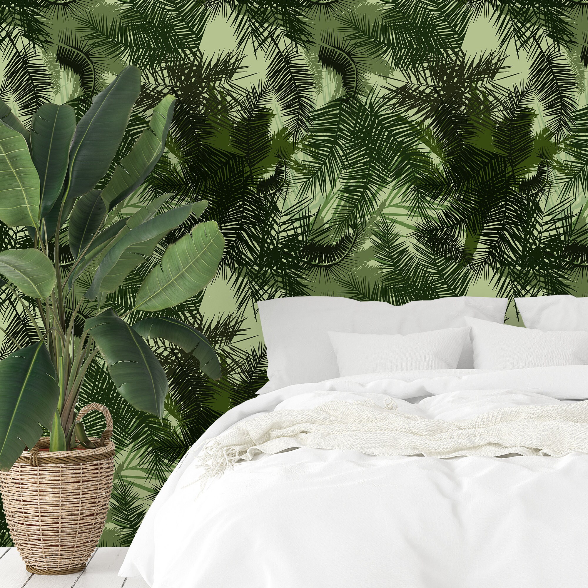 Tropical Ferns Wallpaper Botanical Self Adhesive Wall Mural Etsy