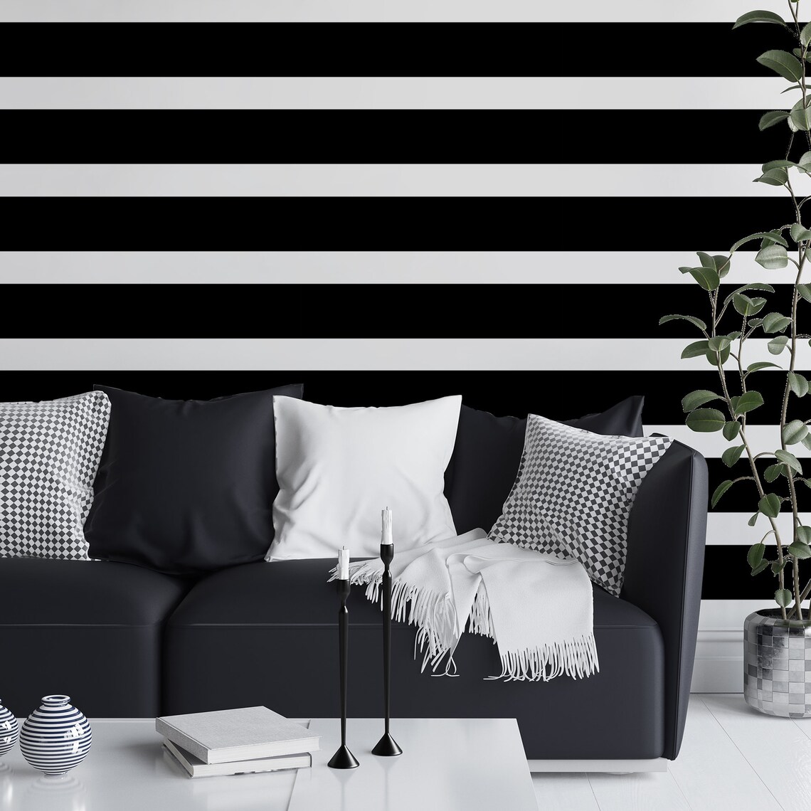 Black and White Striped Peel & Stick Wallpaper Black Etsy