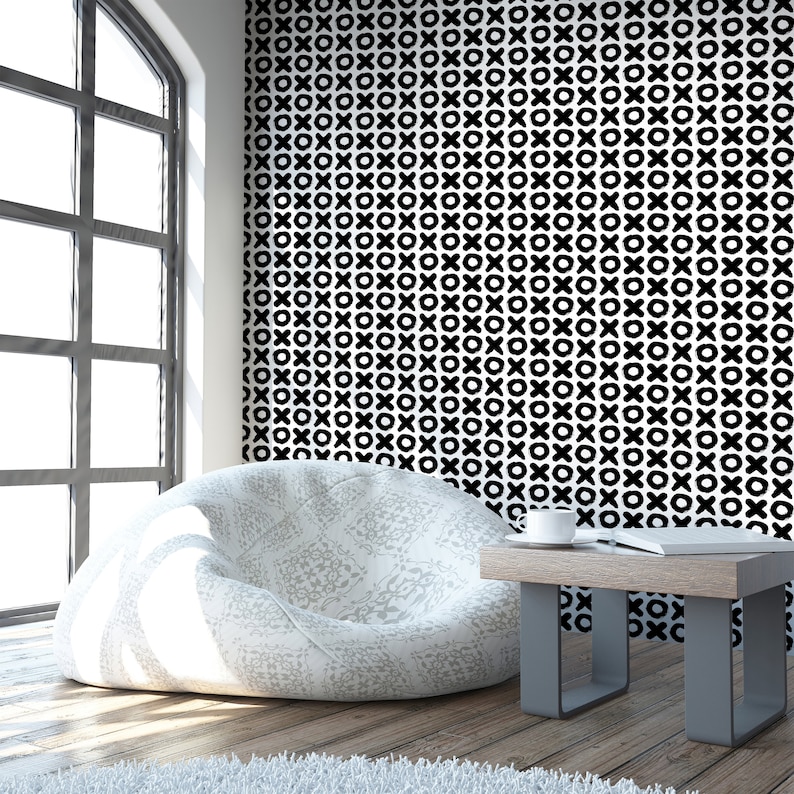 Tic Tac Toe Self Adhesive Wall Mural Geometric Peel /& Stick Wallpaper Circle and Cross Removable Decal Black and White Temporary Decor