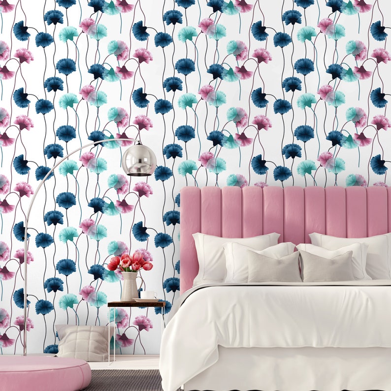 Carnation Flower Peel & Stick Wallpaper Blue and Pink Floral - Etsy