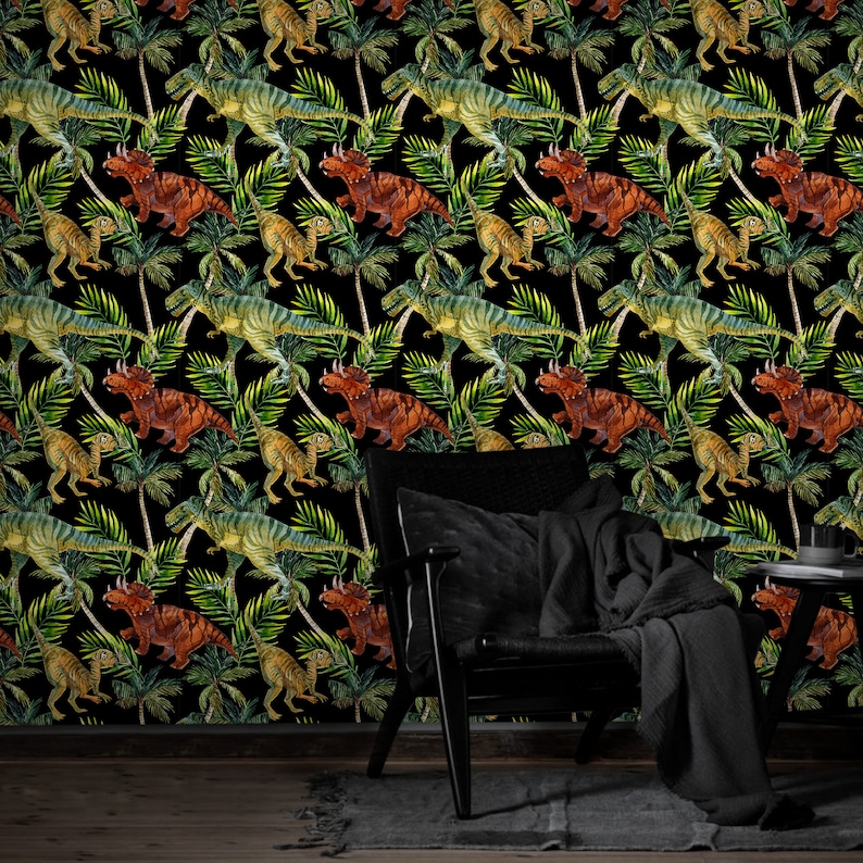 Dinosaur Peel /& Stick Wallpaper Exotic Animals Removable Decal Palm Leaves Self Adhesive Wall Mural Black Jungle Temporary Wall Decor