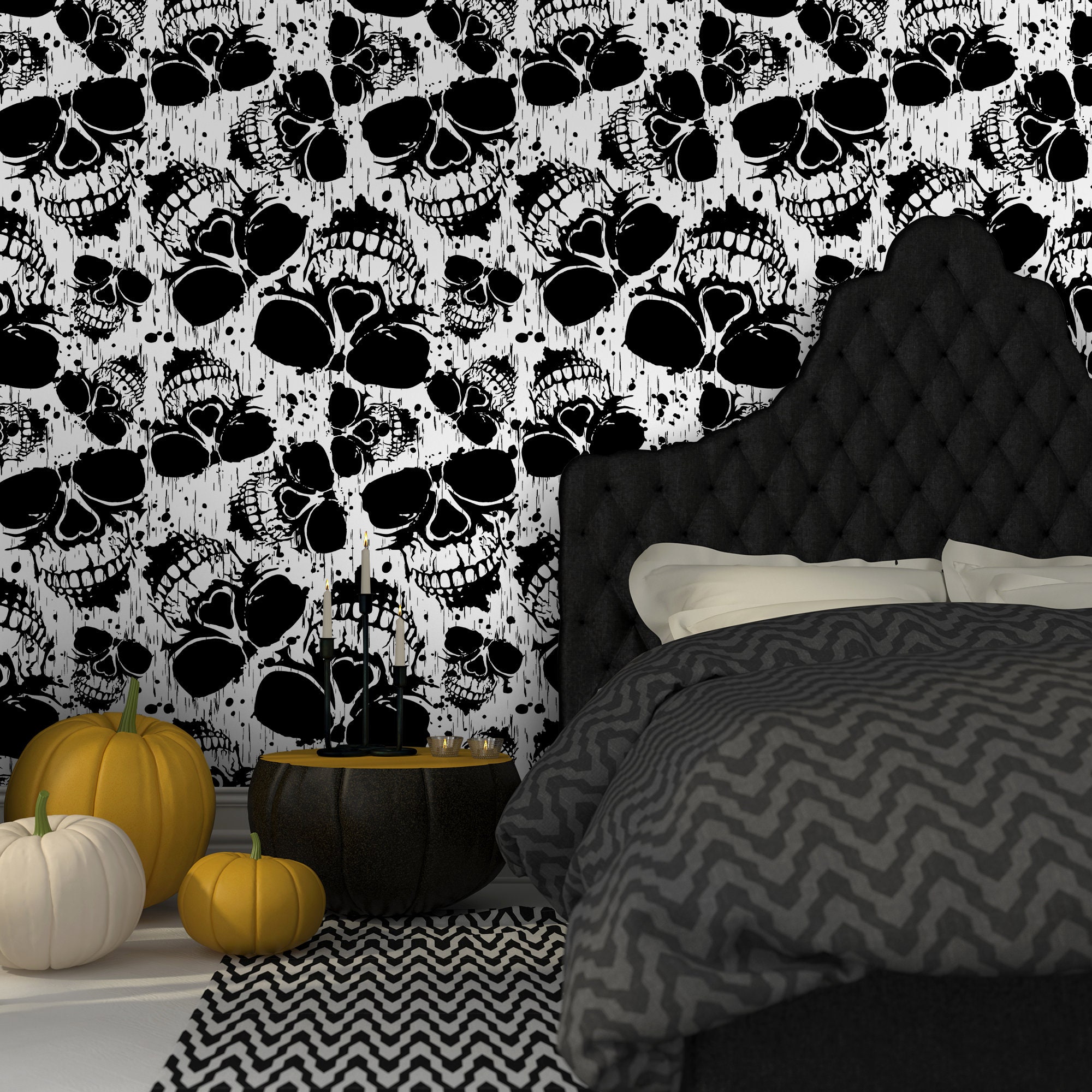 Black Skull Wallpaper Grunge Skeleton Removable Wall Mural Etsy UK