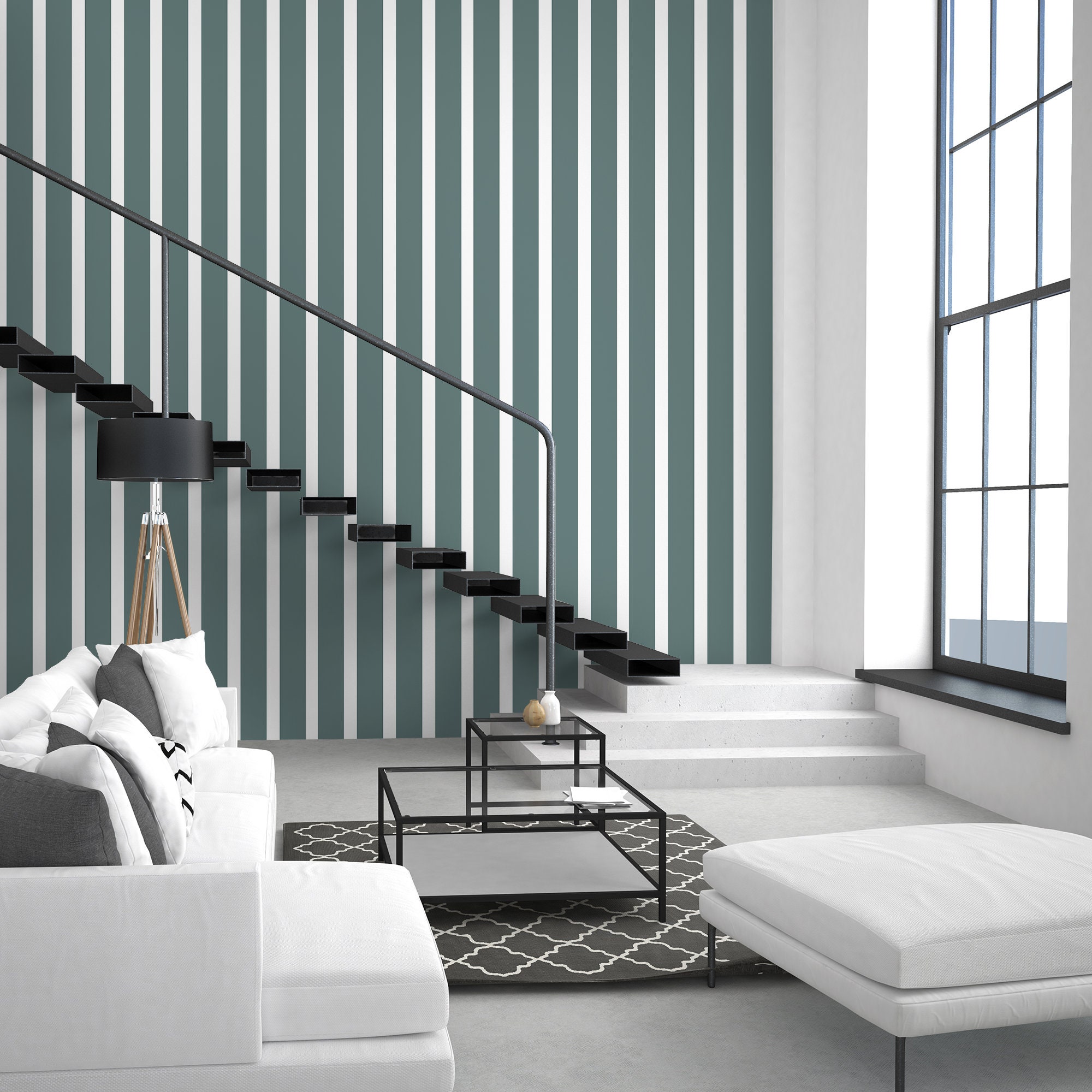 Bluegreen Striped Wallpaper Green Linear Geometric Self Etsy