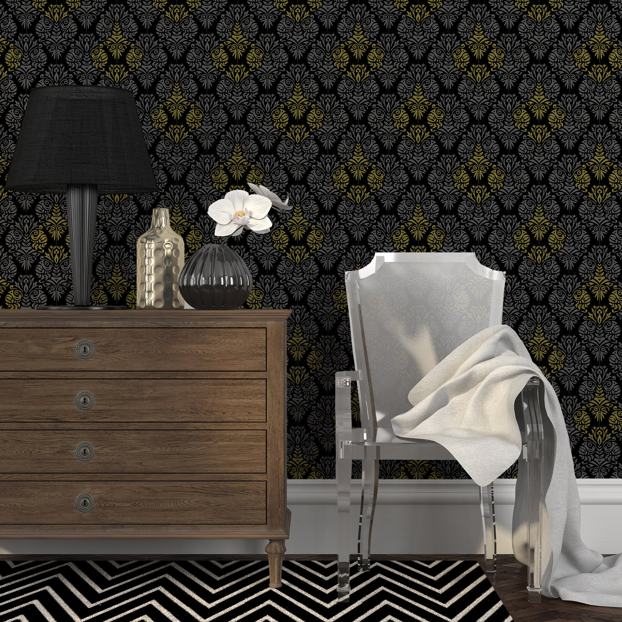 Dark Damask Peel & Stick Wallpaper Vintage Gothic Self Etsy