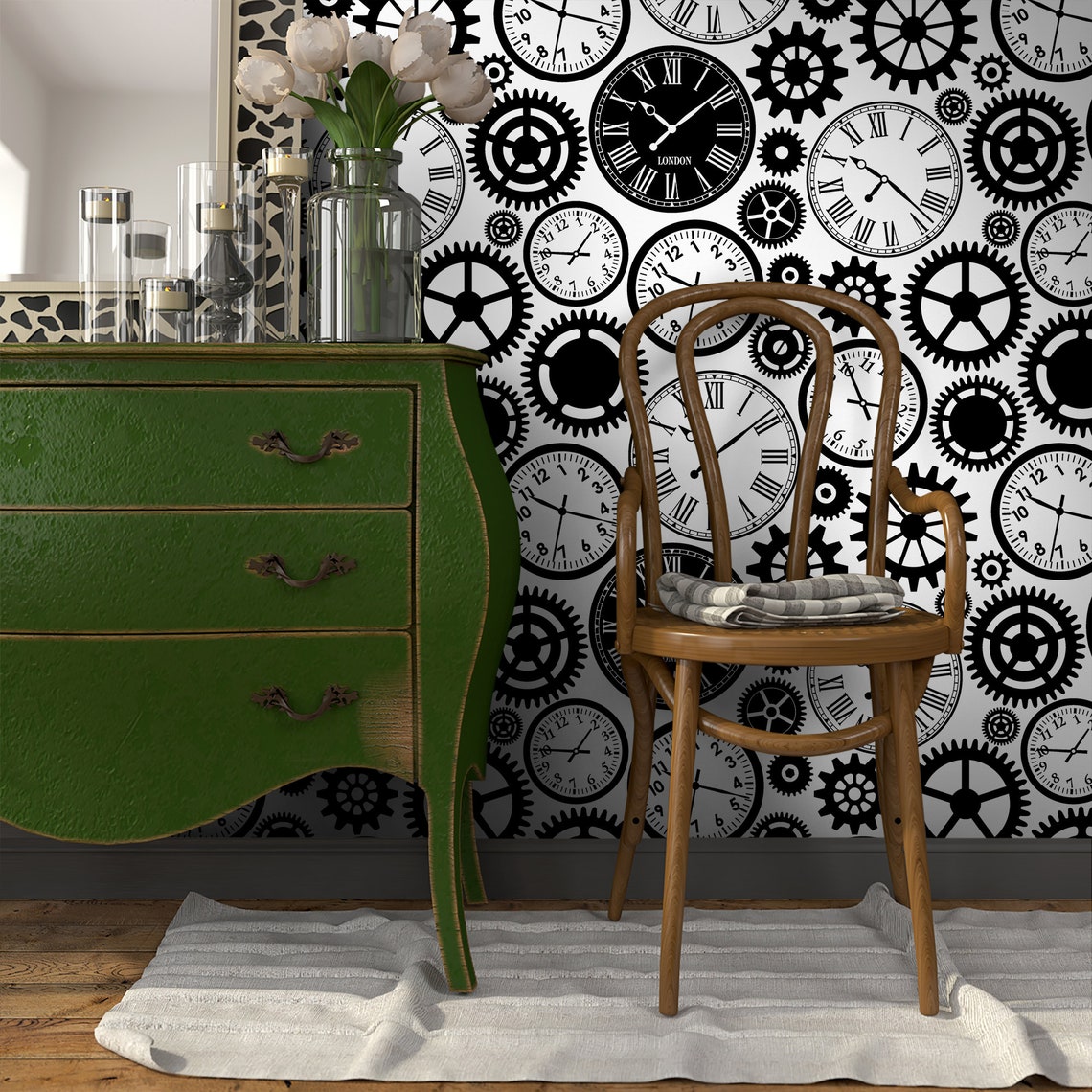 Black Clocks Wallpaper Black and White Self Adhesive Wall Etsy