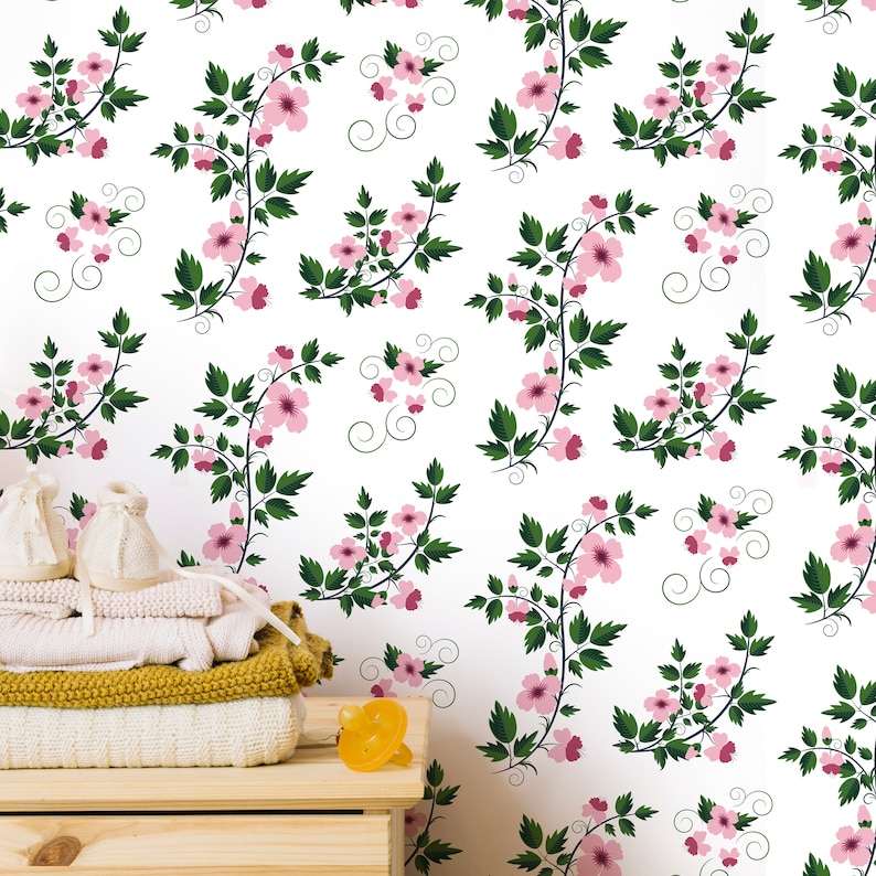 Kids Temporary Peel /& Stick Floral Vintage Wallpaper Cute Nursery Removable Wall Mural Boho Girls Retro Flowers Self Adhesive Covering