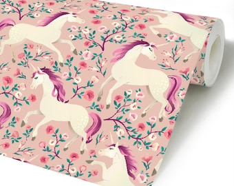 Unicorn Peel & Stick Wallpaper, Pink Flowers Self Adhesive Wall Mural, Floral Fairy Tale Horse Removable Decal, Kids Nursery Temporary Decor