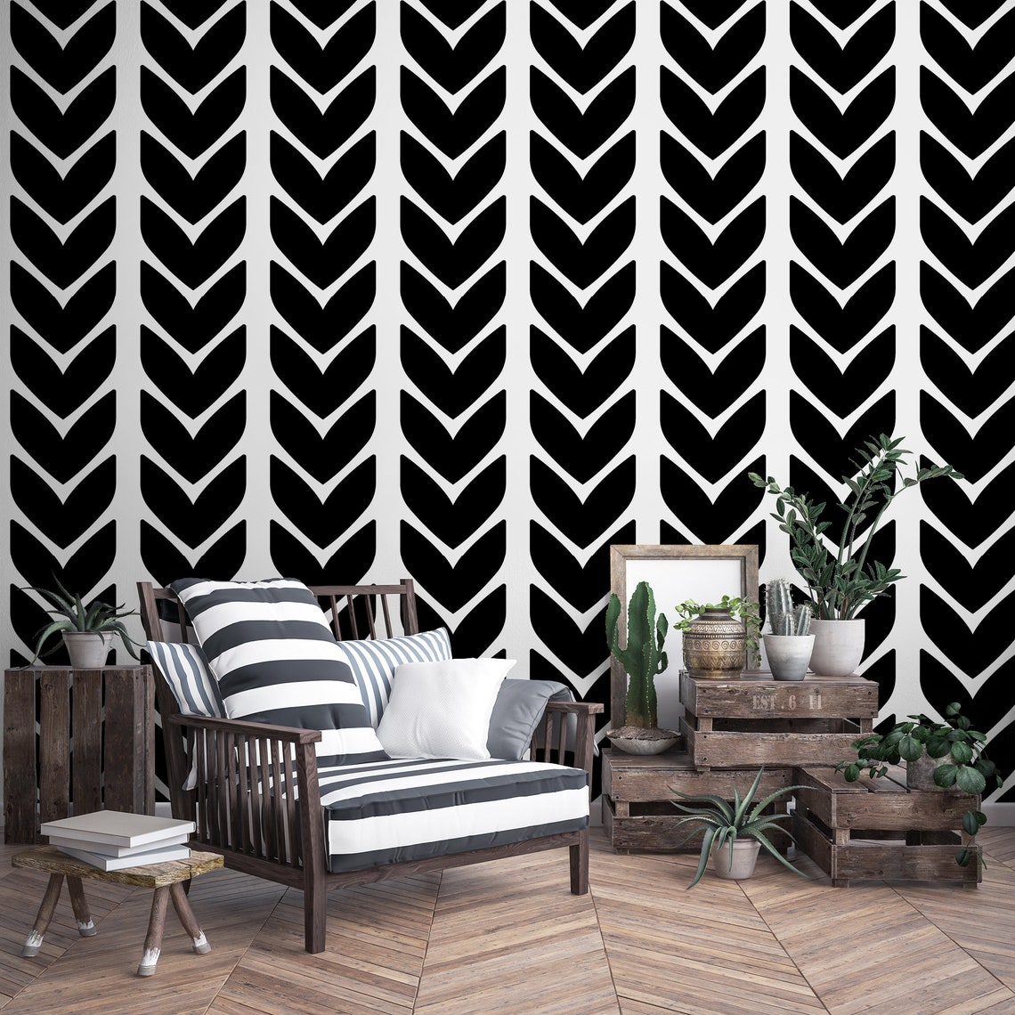 Black and White Herringbone Wallpaper Cute Nursery Removable Etsy