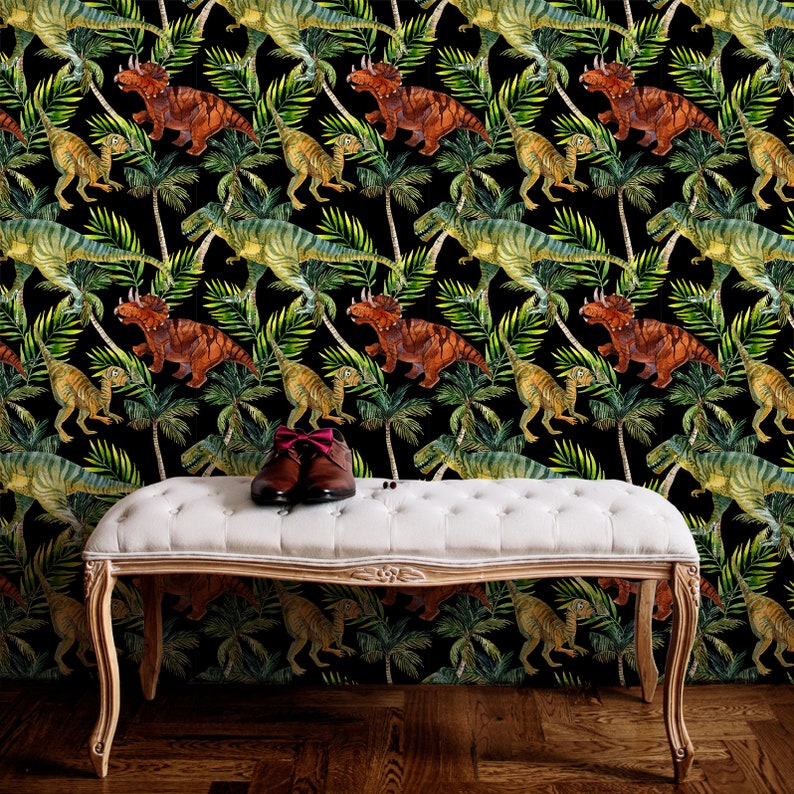 Dinosaur Peel /& Stick Wallpaper Exotic Animals Removable Decal Palm Leaves Self Adhesive Wall Mural Black Jungle Temporary Wall Decor