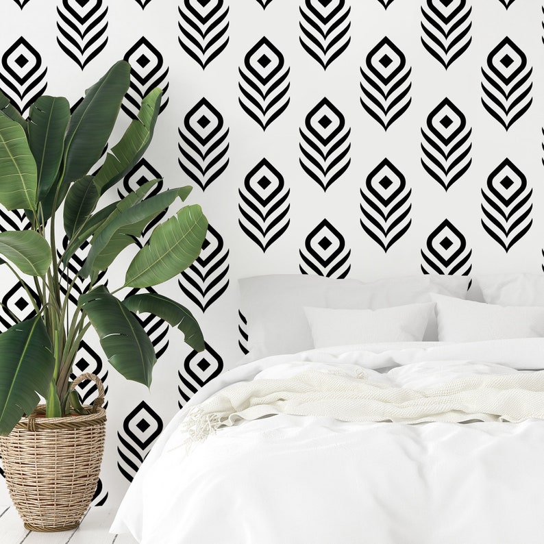 Peacock Feather Peel & Stick Wallpaper Black and White Etsy
