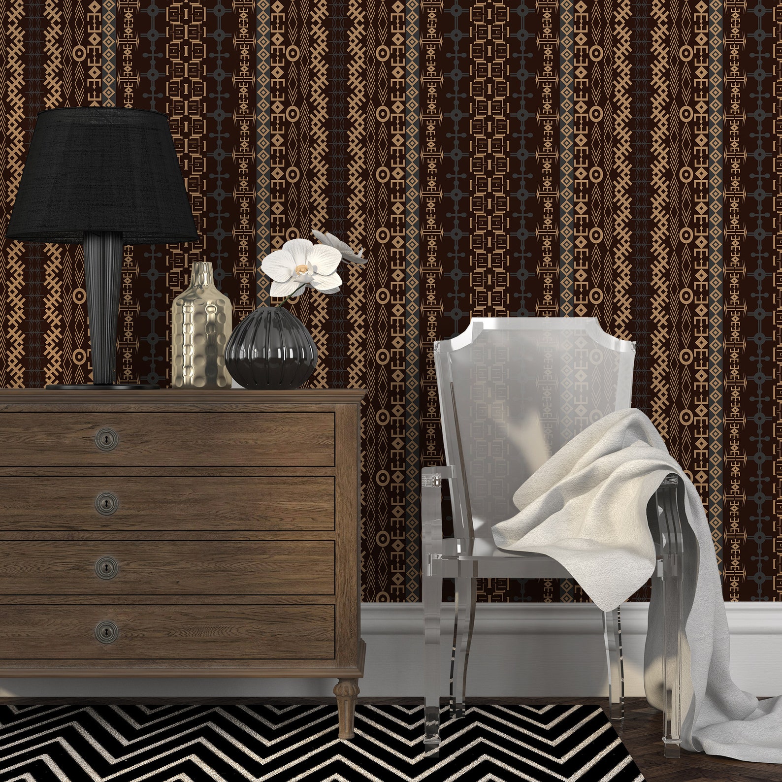 Dark Geometric Peel & Stick Wallpaper Brown Ethnic Self Etsy