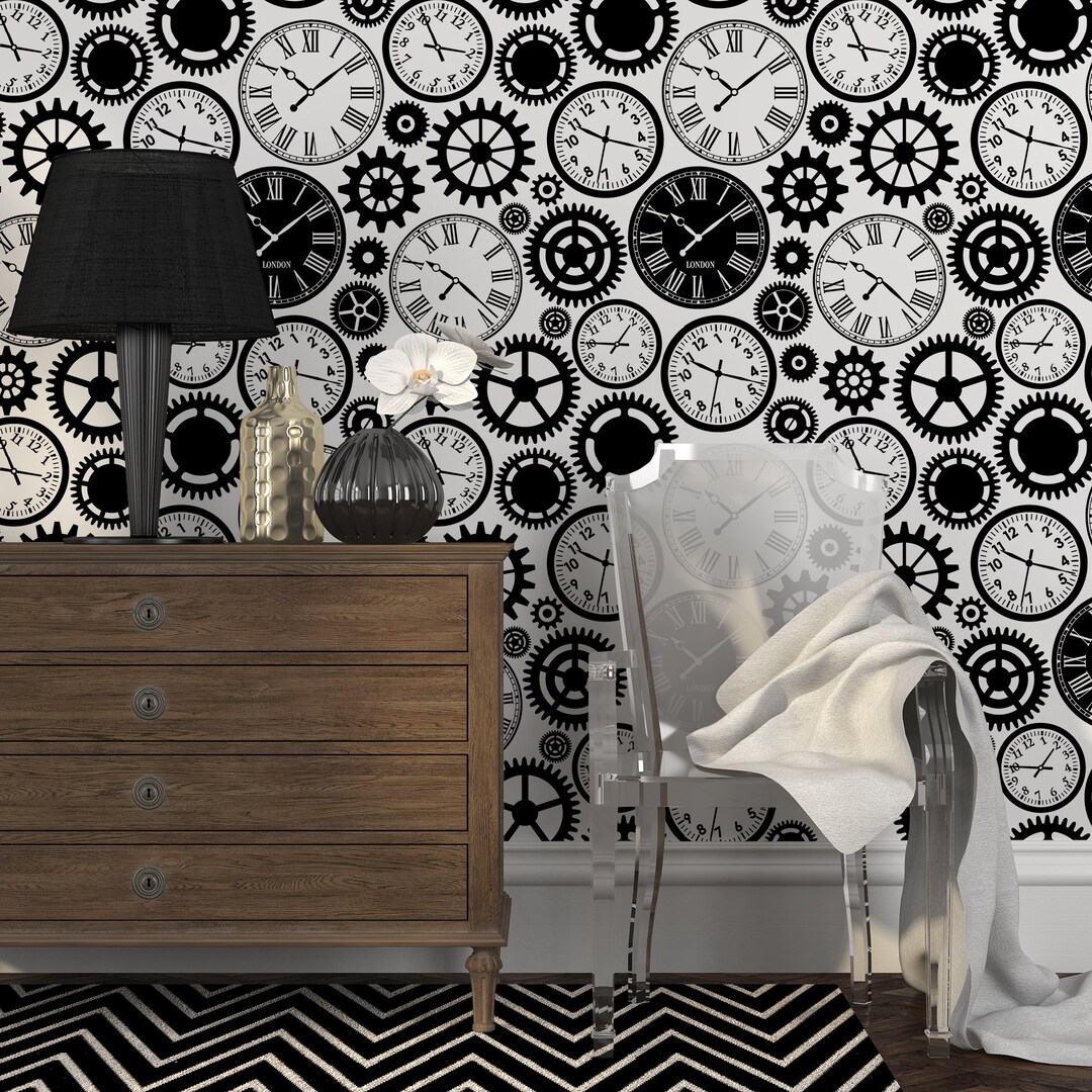 Black Clocks Wallpaper Black and White Self Adhesive Wall Etsy
