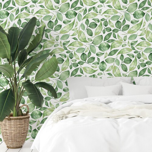 Small Leaves Peel & Stick Wallpaper Green Botanical Self Etsy